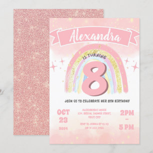 Boho Rainbow 8th any age Birthday Girl Glitter Inbjudningar