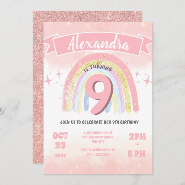 Boho Rainbow 9th any age Birthday Girl Glitter Inbjudningar (Fram/baksida)