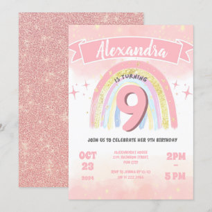 Boho Rainbow 9th any age Birthday Girl Glitter Inbjudningar