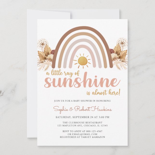 Boho Rainbow A Little Ray of Sunshine Baby Shower Inbjudningar (Framsida)