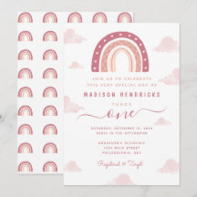Boho Rainbow and Clouds Pastel Rosa Birthday