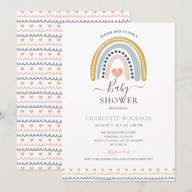 Boho Rainbow and Hearts Baby Shower-inbjudan Inbjudningar (Fram/baksida)