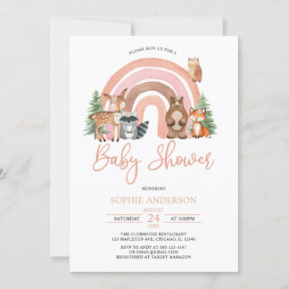 Boho Rainbow and Woodland Animals Baby Shower Inbjudningar
