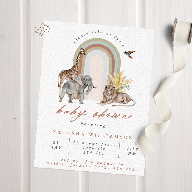 Boho Rainbow Arch & Safari Animals Baby Shower Inbjudningar (Skapare uppladdad)