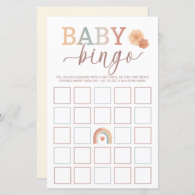 Boho Rainbow Baby Bingo Game - Watercolor Baby Sho (Fram/baksida)