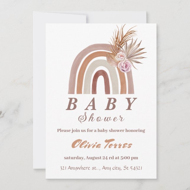 Boho Rainbow Baby Shower Earthy Tones, Blommigt ch Inbjudningar (Framsida)