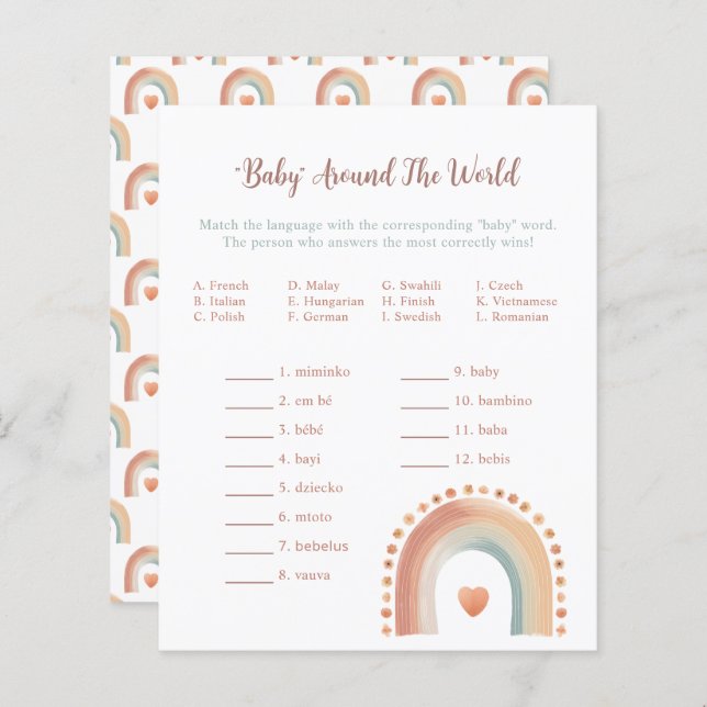 Boho Rainbow Baby Shower Game - Watercolor Earthy (Fram/baksida)