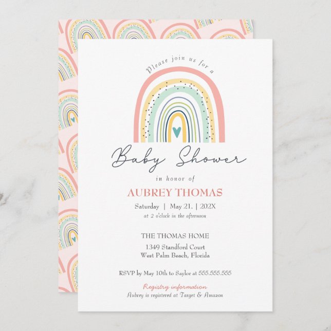 Boho Rainbow Baby Shower Hand plockade Heart Inbjudningar (Fram/baksida)