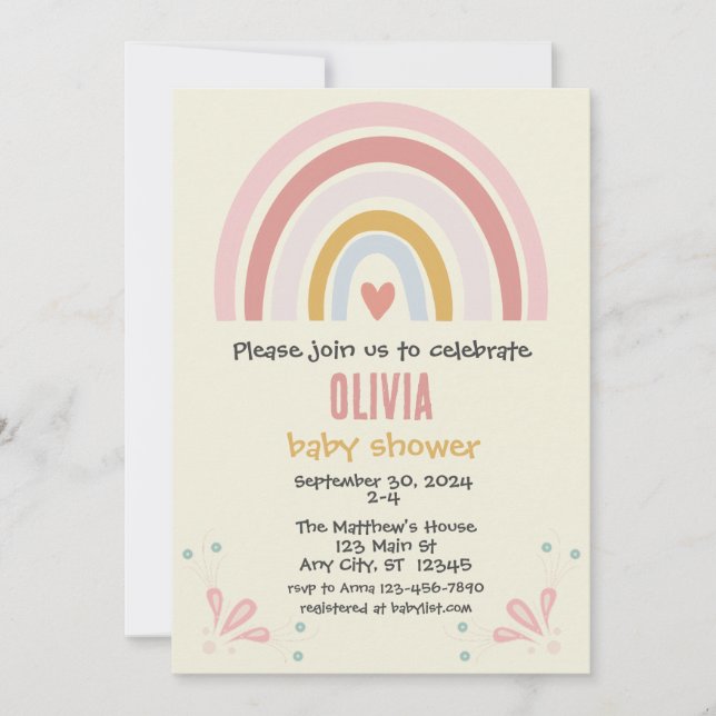 Boho Rainbow Baby Shower-inbjudan | ANPASSADE Inbjudningar (Framsida)