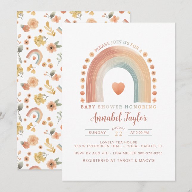 Boho Rainbow Baby Shower-inbjudan - Earthy Vatten Inbjudningar (Fram/baksida)