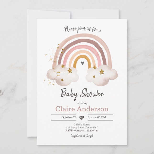 Boho Rainbow Baby Shower-inbjudan Girl Rustic Inbjudningar (Framsida)