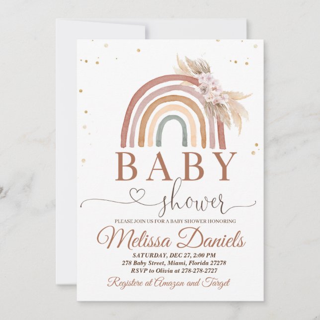 Boho Rainbow Baby Shower-inbjudan Rosa Pampas Inbjudningar (Framsida)