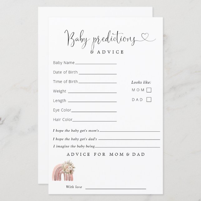 Boho Rainbow Baby Shower Predictions Advice (Fram/baksida)