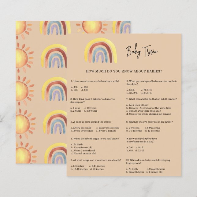 Boho Rainbow Baby Trivia | Baby Shower Lek (Fram/baksida)
