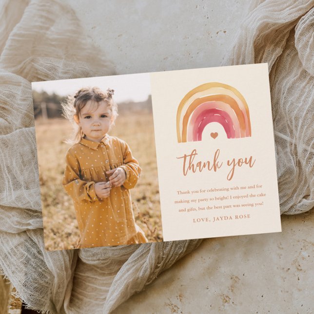 Boho Rainbow Barn Foto Födelsedag Tack Kort (Boho rainbow kids photo birthday party thank you card.)