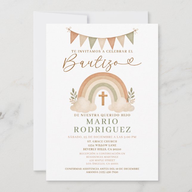 Boho Rainbow Bautizo Invitation Spanish Inbjudningar (Framsida)