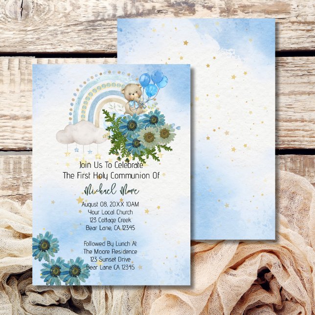 Boho Rainbow Bear First Heliga Communion Inbjudningar (Skapare uppladdad)