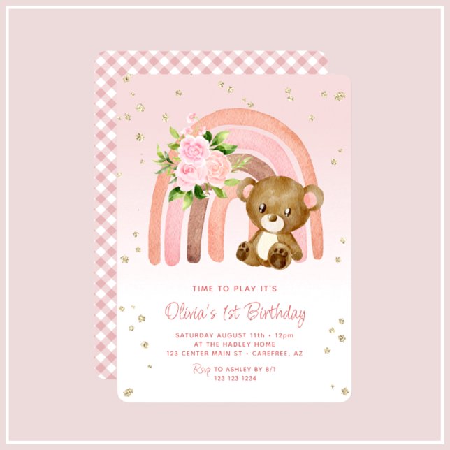 Boho Rainbow Bear Girl's 1st Birthday Inbjudningar (Skapare uppladdad)