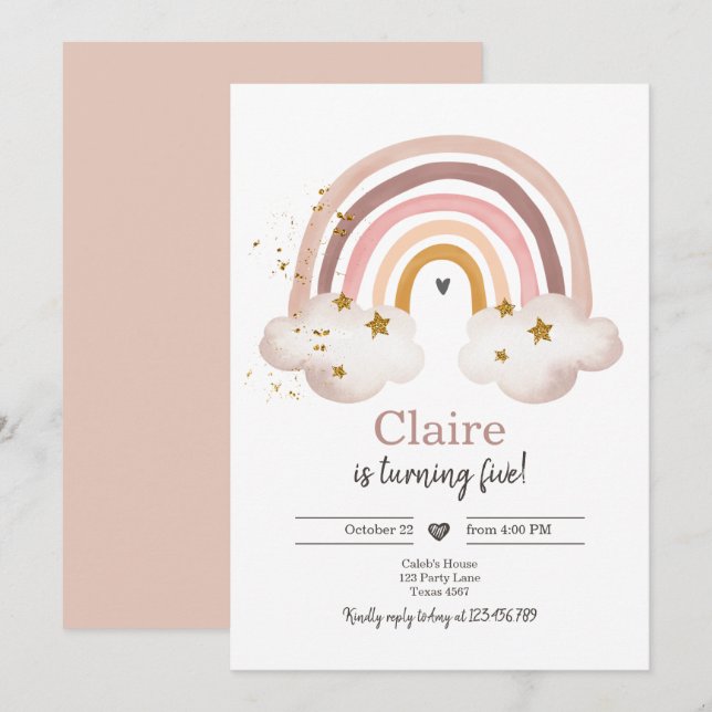Boho Rainbow Birthday bjudande Girl Rustic Inbjudningar (Fram/baksida)