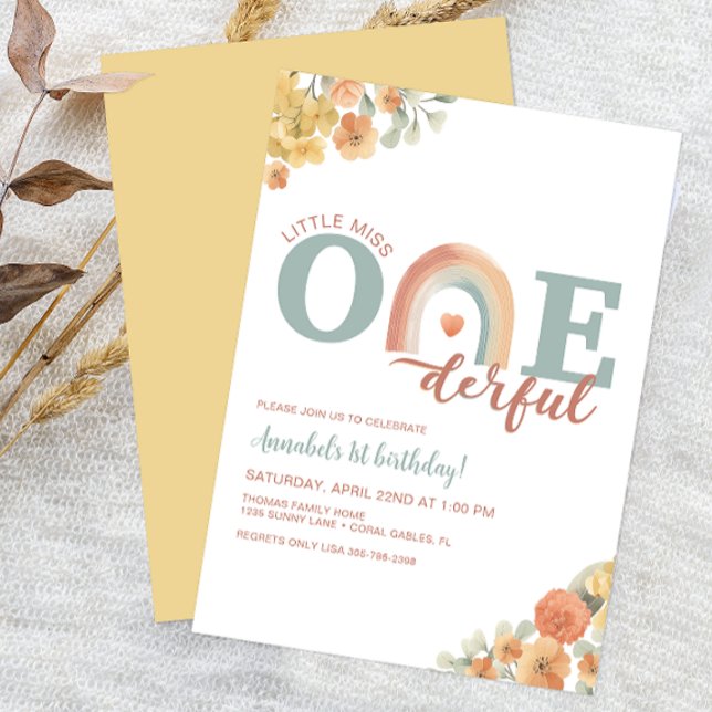 Boho Rainbow bjudande födelsedagsinbjudan - 1:a B Inbjudningar (Little Miss Onederful Birthday Invitation)
