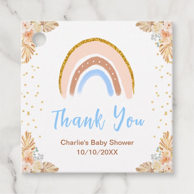 Boho Rainbow Blue Baby Shower Tack Gåvor Etiketter (Framsida)