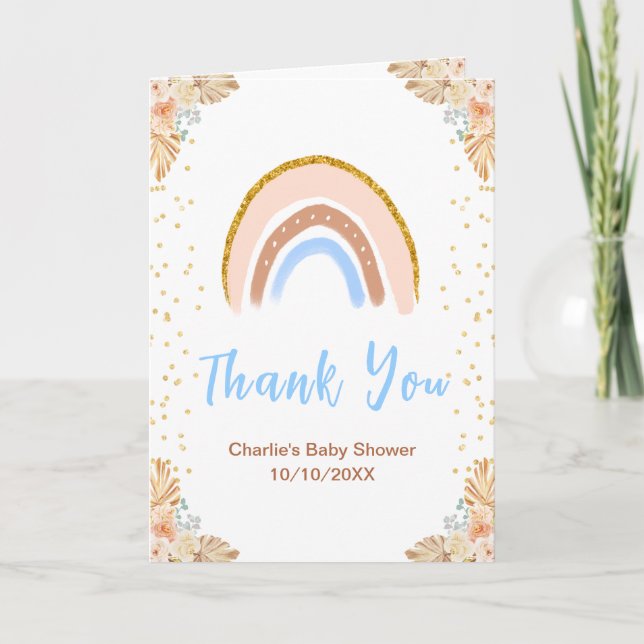 Boho Rainbow Blue Baby Shower Tack Kort (Framsida)
