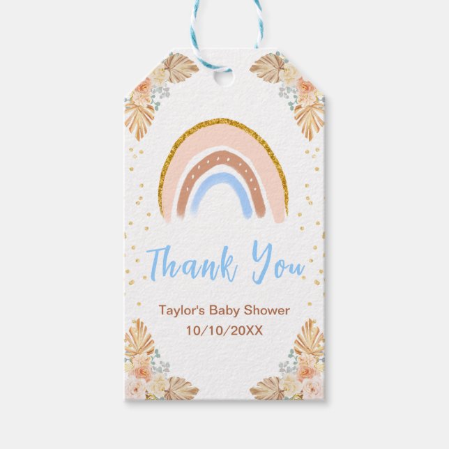 Boho Rainbow Blue Baby Shower Tack Presentetikett (Framsidan)