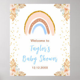 Boho Rainbow Blue Baby Shower Välkommen Poster