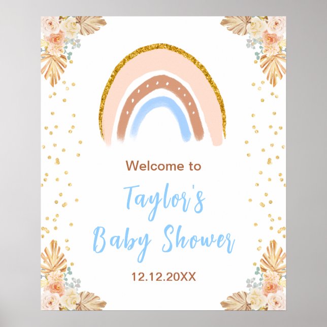 Boho Rainbow Blue Baby Shower Välkommen Poster (Framsidan)
