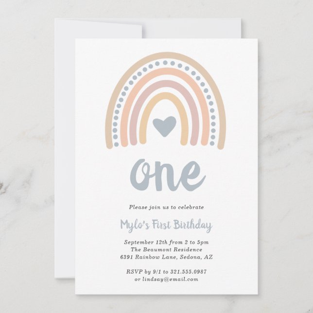 Boho Rainbow Blue Heart Cute Boy First Birthday Inbjudningar (Framsida)
