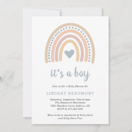 Boho Rainbow Blue Heart Cute Boy Shower Inbjudningar