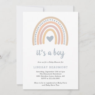 Boho Rainbow Blue Heart Cute Boy Shower Inbjudningar