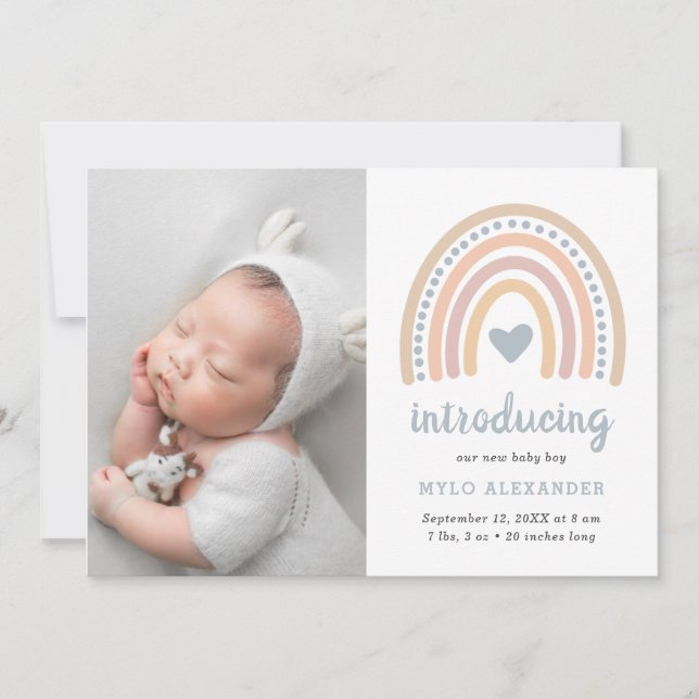 Boho Rainbow Blue Heart Cute Pojke Photo Birth Meddelande (Framsida)