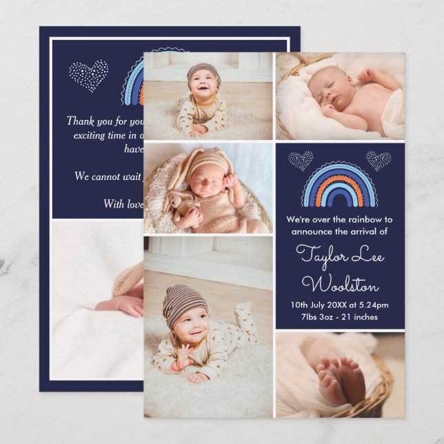 Boho Rainbow Boy Navy Blue Birth Notice Meddelande (Fram/baksida)