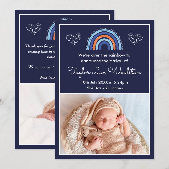 Boho Rainbow Boy Navy Blue Birth Notice Meddelande (Fram/baksida)