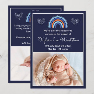 Boho Rainbow Boy Navy Blue Birth Notice Meddelande