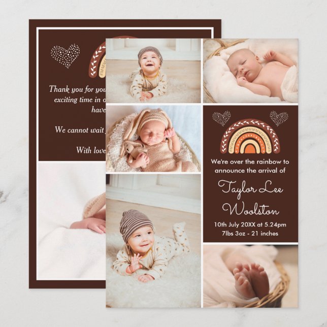 Boho Rainbow Brown Birth Notice cement Meddelande (Fram/baksida)
