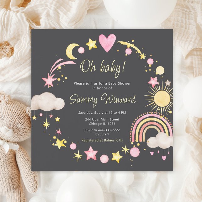 Boho Rainbow Clouds Rosa Baby Shower Inbjudningar (Skapare uppladdad)