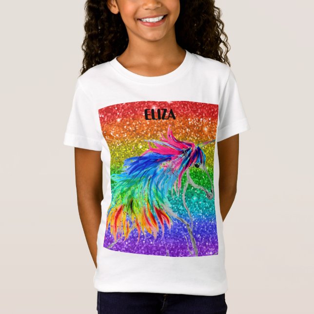 Boho Rainbow Cute Girls Glitter Unicorn Kids T Shirt (Framsida)