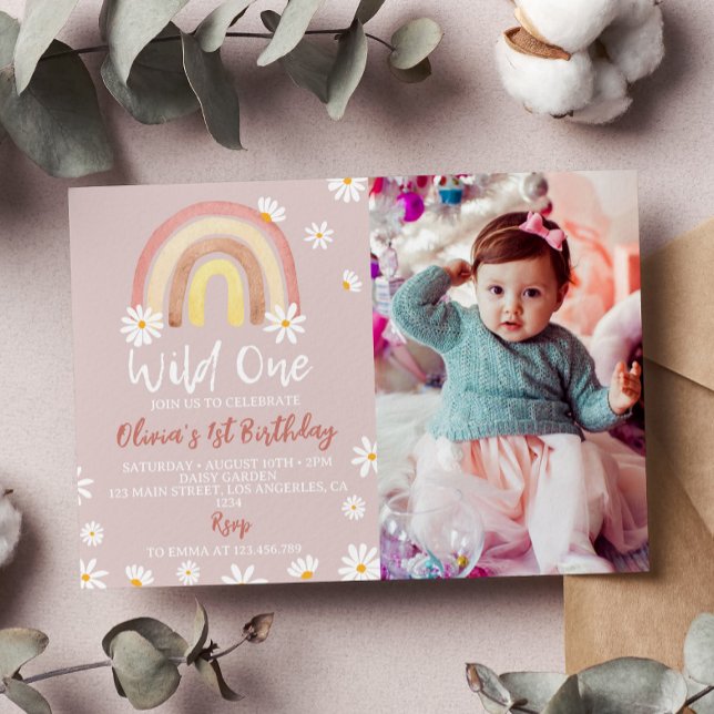 Boho Rainbow Daisy 1:a födelsedagsinbjudan Inbjudningar (Skapare uppladdad)