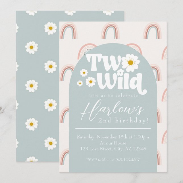 Boho Rainbow Daisy 2 Vild 2nd Girl's Birthday Inbjudningar (Fram/baksida)