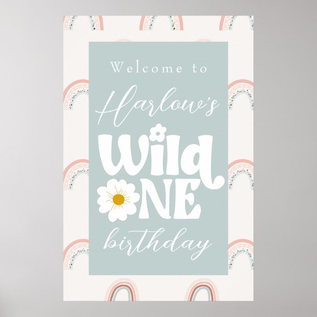 Boho Rainbow Daisy Vild En första födelsedag Välko Poster (Framsidan)