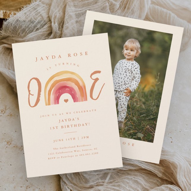 Boho Rainbow Ett Första Födelsedagsfirande Inbjudningar (Boho rainbow one 1st first photo birthday party invitation.)