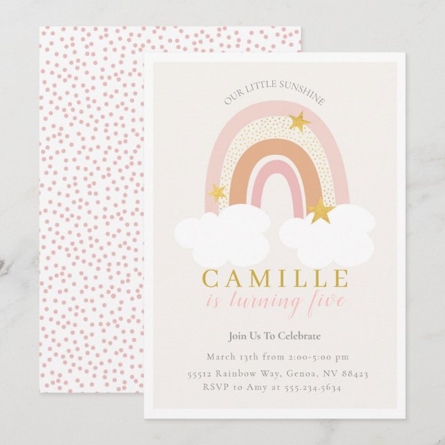 Boho Rainbow First Birthday Investigation Girl, Mu Inbjudningar (Fram/baksida)