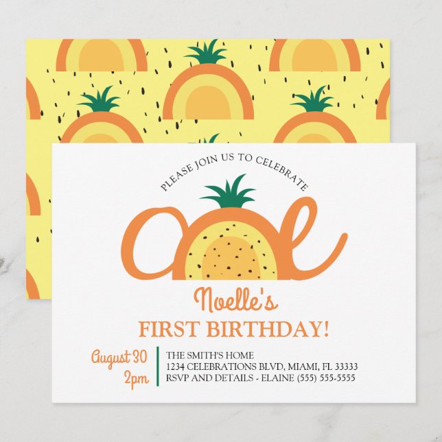 Boho Rainbow First Birthday, Pineapple Inbjudningar (Fram/baksida)