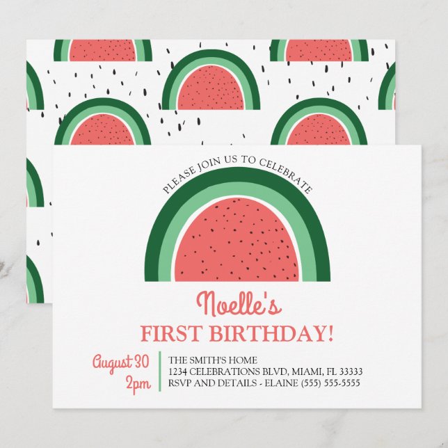 Boho Rainbow First Birthday, Watermelon Inbjudningar (Fram/baksida)