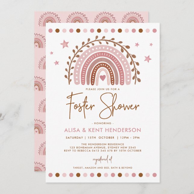 Boho Rainbow | Fosterdusch för Rosa Terracotta Fos Inbjudningar (Fram/baksida)