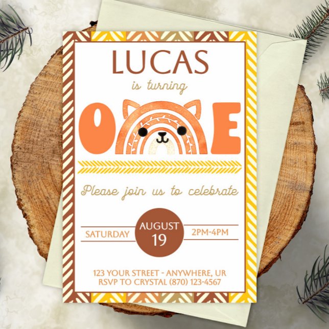 Boho Rainbow Fox Första födelsedagsinbjudan Spara Datumet (Skapare uppladdad)