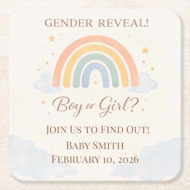 Boho Rainbow Gender Reveal Neutral  Underlägg Papper Kvadrat (Framsidan)
