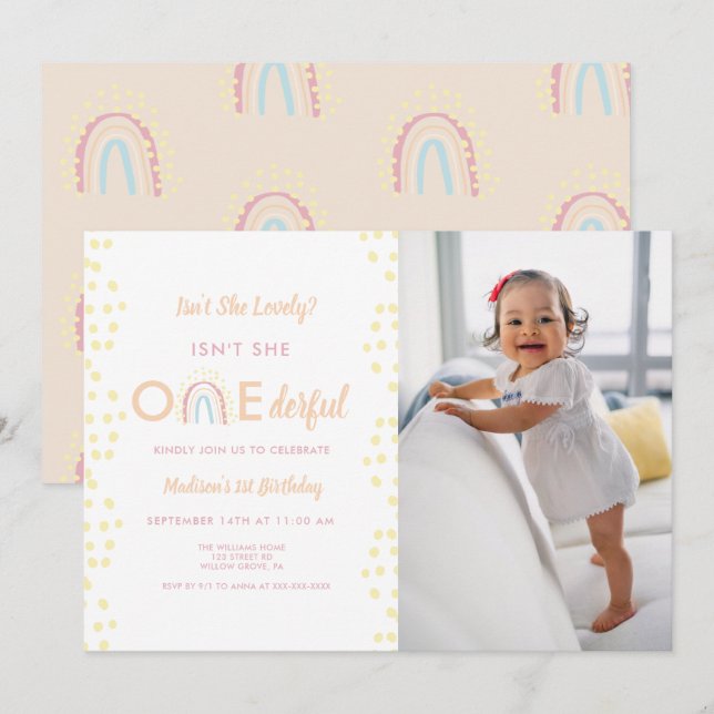 Boho Rainbow Girl Lolly Onederful Photo Birthday Inbjudningar (Fram/baksida)